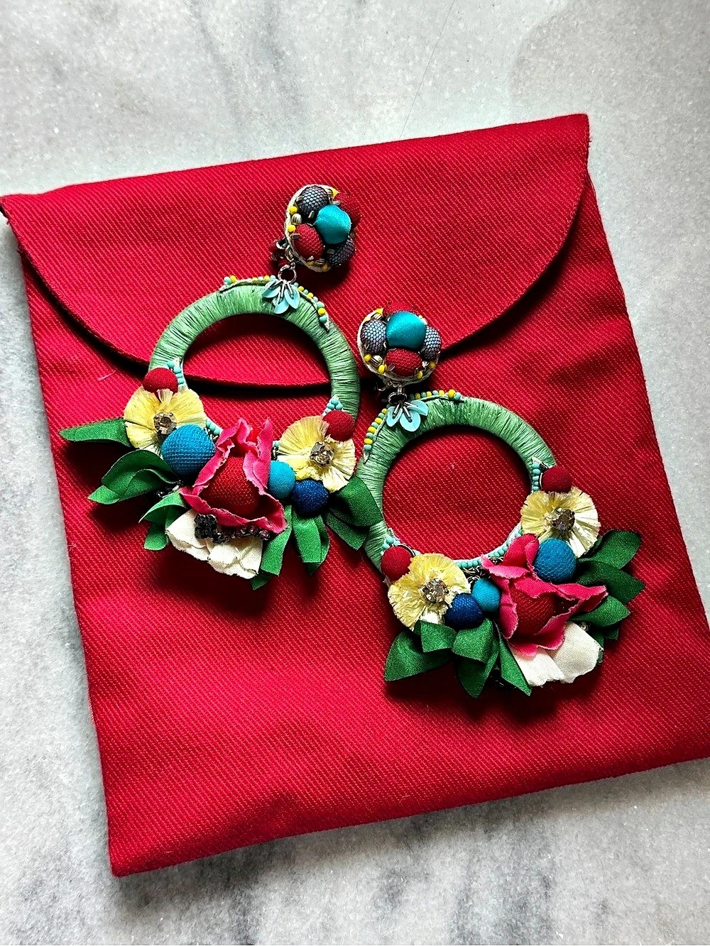 Ranjana Khan Large Drop Floral Handmade Earrings in Green & Pink and Blue